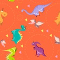 Seamless dinosaur pattern. Animal orange background with dino. Vector illustration.